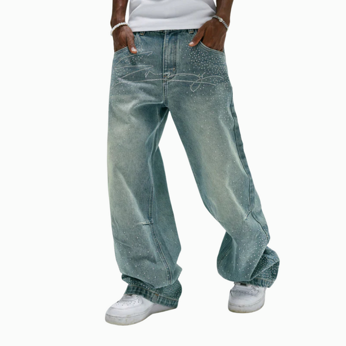 Embellished Wide Denim Pants With Chain Detail