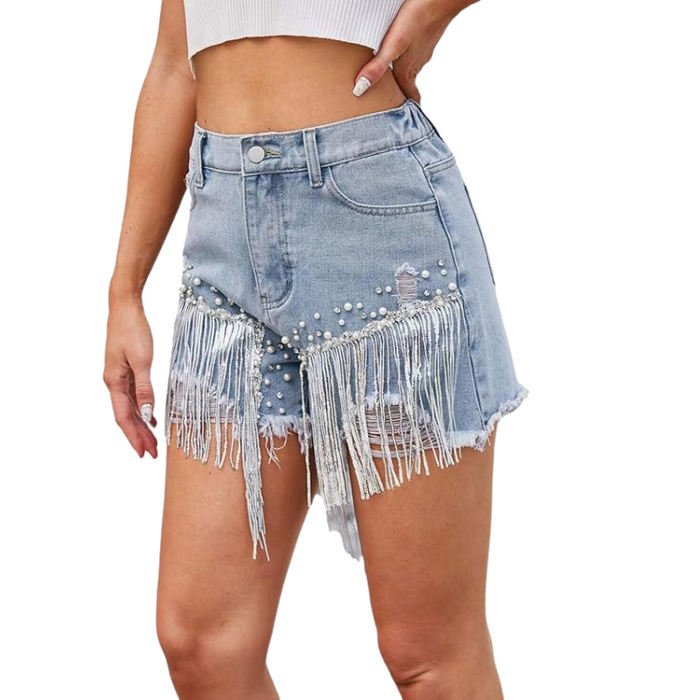 Rhinestone Fringe Denim Shorts – Pearl Beaded Design