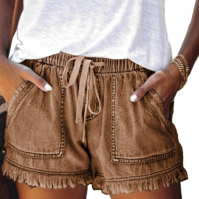 Drawstring Shorts With Pockets Tassel Hem Casual Stylish