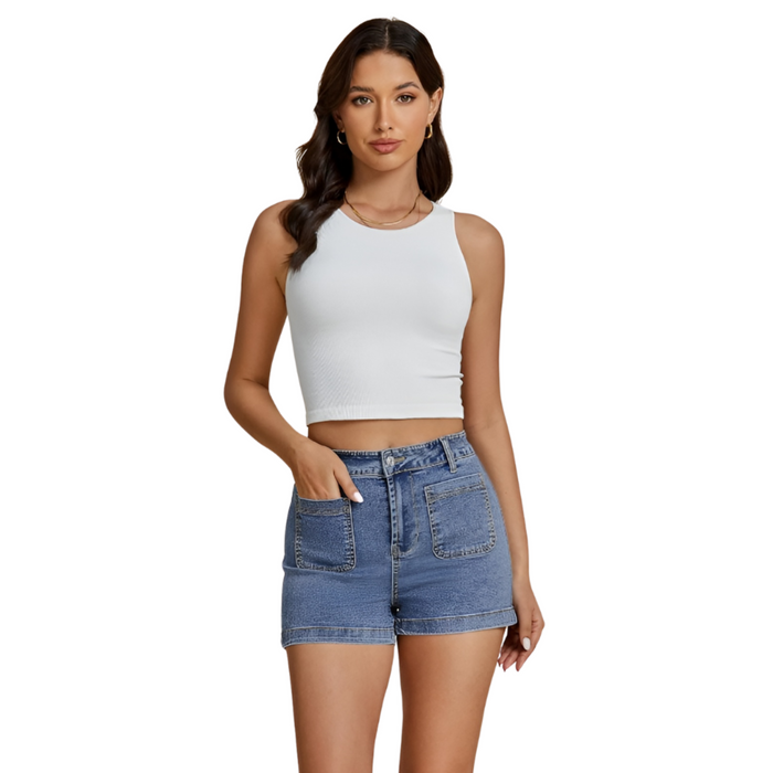 Denim Shorts With Pockets And Rolled Hem