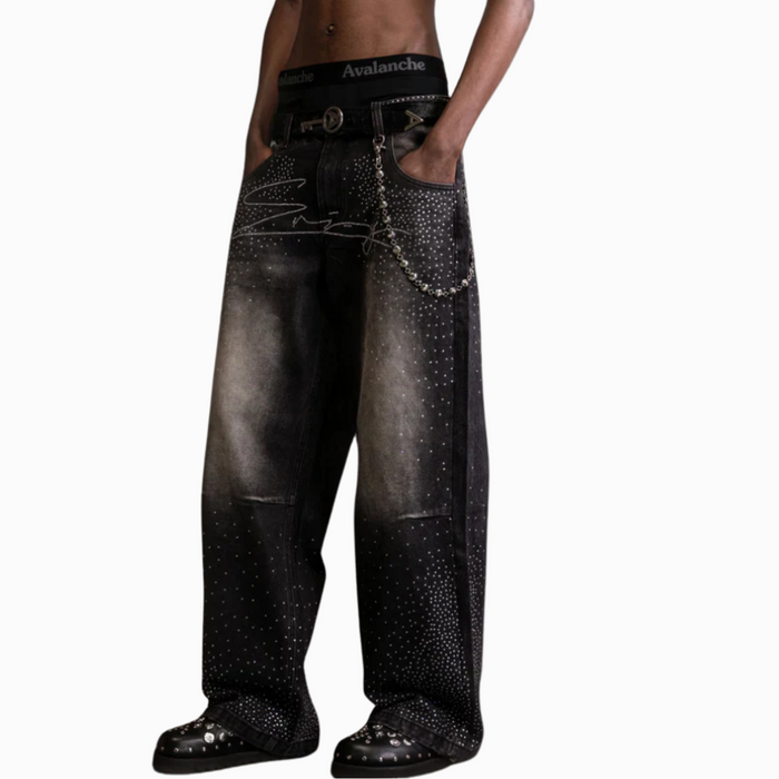 Embellished Wide Denim Pants With Chain Detail