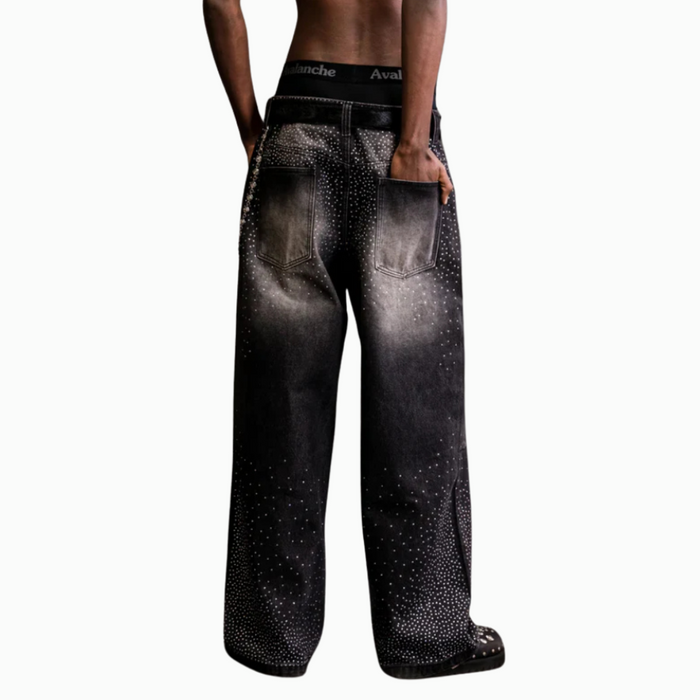 Embellished Wide Denim Pants With Chain Detail