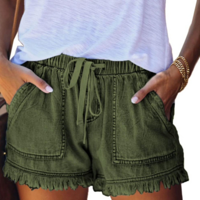 Drawstring Shorts With Pockets Tassel Hem Casual Stylish