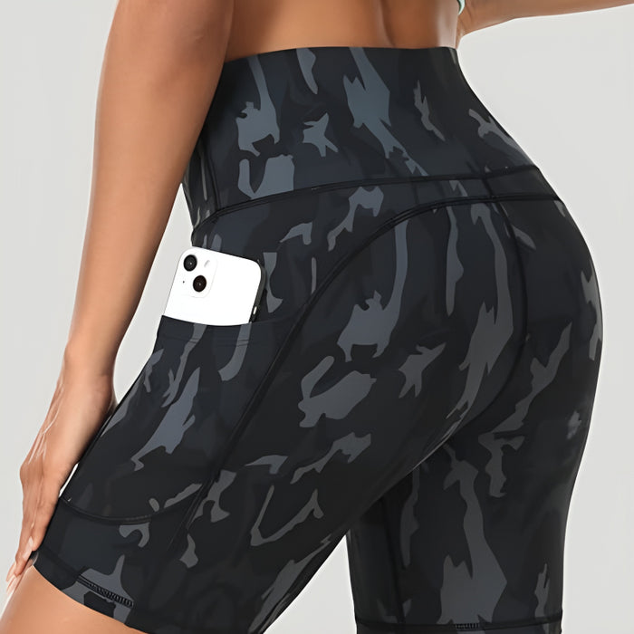 Camo Print Structured Athletic Shorts With Multi Pocket Design