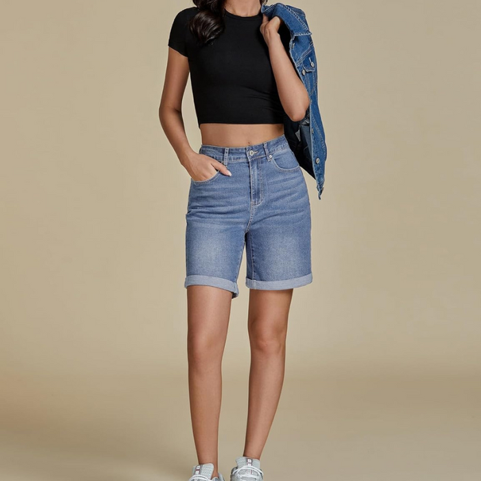 Fold Hem Shorts With Button Closure And Five Pockets