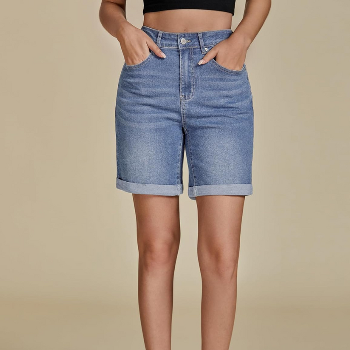 Fold Hem Shorts With Button Closure And Five Pockets