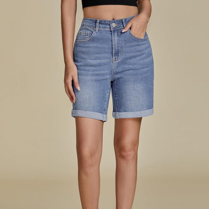 Fold Hem Shorts With Button Closure And Five Pockets