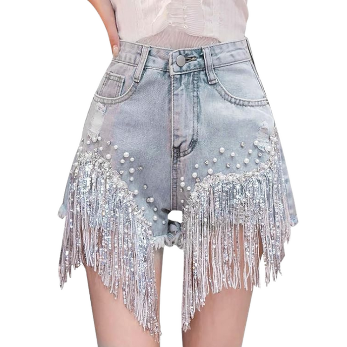 Rhinestone Fringe Denim Shorts – Pearl Beaded Design