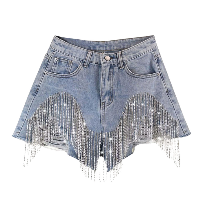Rhinestone Fringe Denim Shorts – Pearl Beaded Design