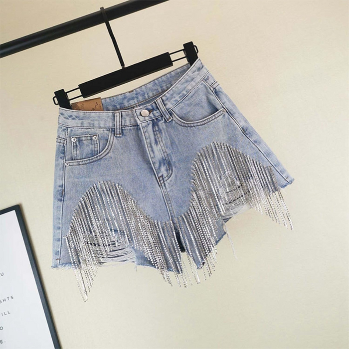 Rhinestone Fringe Denim Shorts – Pearl Beaded Design
