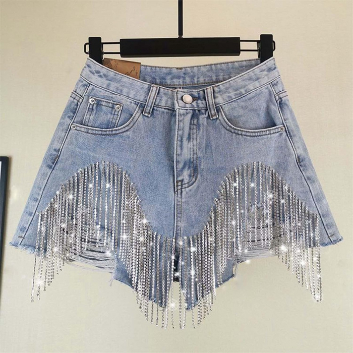 Rhinestone Fringe Denim Shorts – Pearl Beaded Design