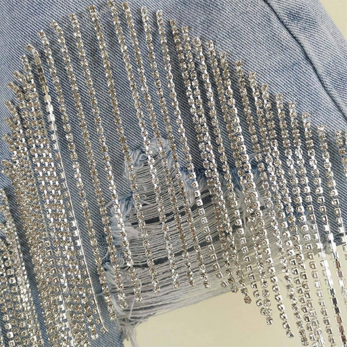 Rhinestone Fringe Denim Shorts – Pearl Beaded Design