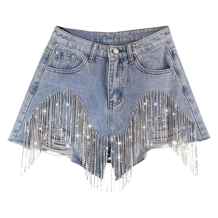 Rhinestone Fringe Denim Shorts – Pearl Beaded Design