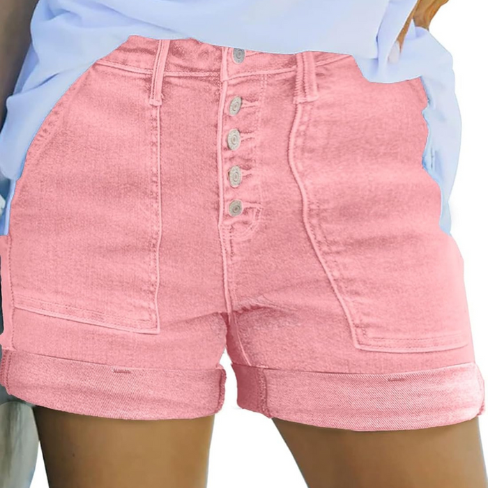 Stretchy Buttoned Denim Shorts With Folded Hem And Pockets