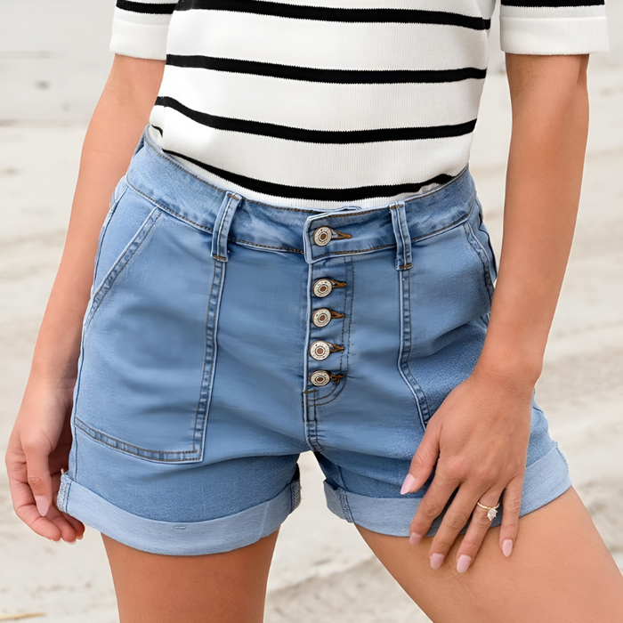 Stretchy Buttoned Denim Shorts With Folded Hem And Pockets