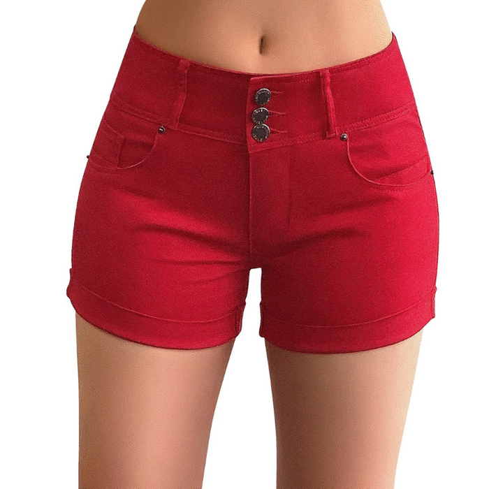 Stretchy Denim Shorts With Cuffed Hem And Multi Pocket Design