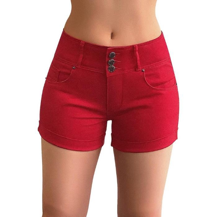 Stretchy Denim Shorts With Cuffed Hem And Multi Pocket Design