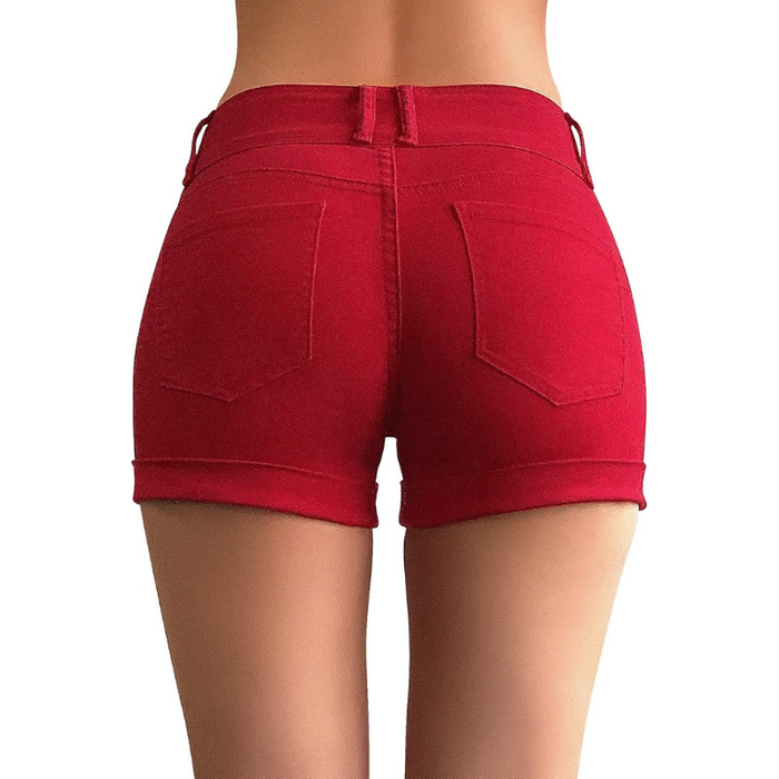 Stretchy Denim Shorts With Cuffed Hem And Multi Pocket Design