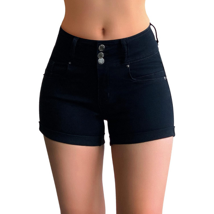 Stretchy Denim Shorts With Cuffed Hem And Multi Pocket Design