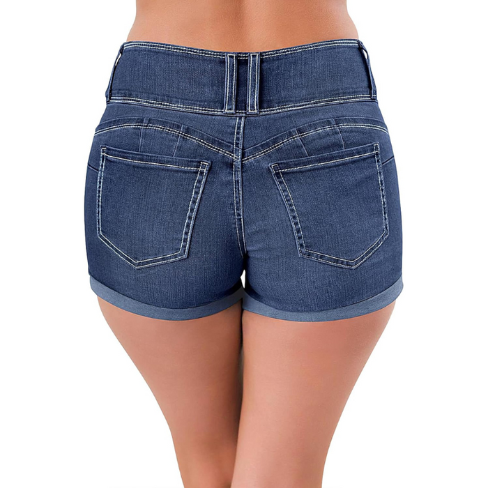 Stretchy Denim Shorts With Cuffed Hem And Multi Pocket Design