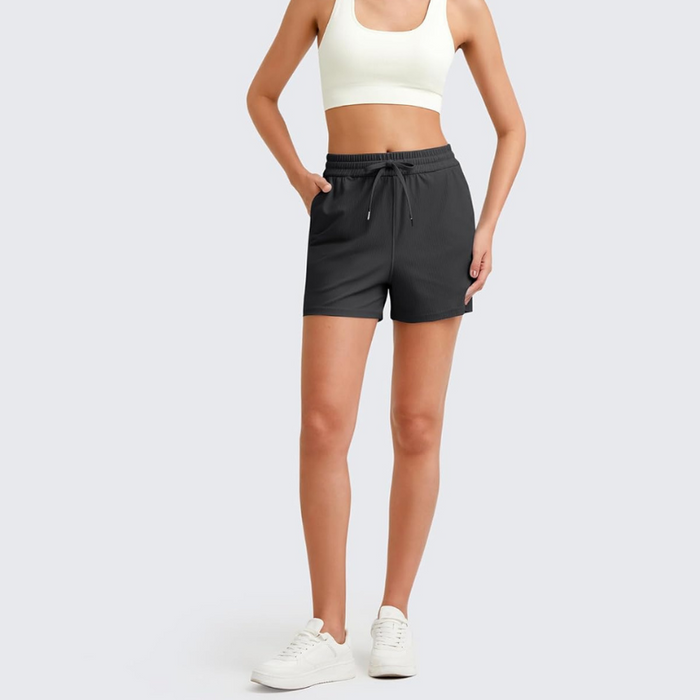 Versatile Ribbed Shorts With Elastic Waist And Pockets