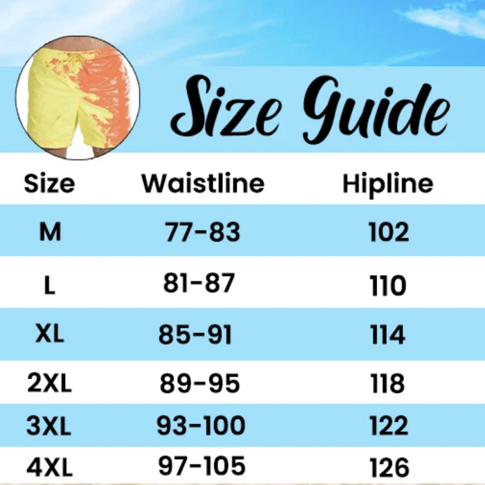 Size chart of color changing beach shorts